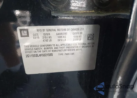 2015 Chevrolet Impala 1Lz из США, поврежденный, VIN 2G1155SL4F9221585